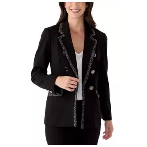 Anne Klein Gray and Black Leopard Print Trim Blazer Size Medium New - Picture 1 of 6